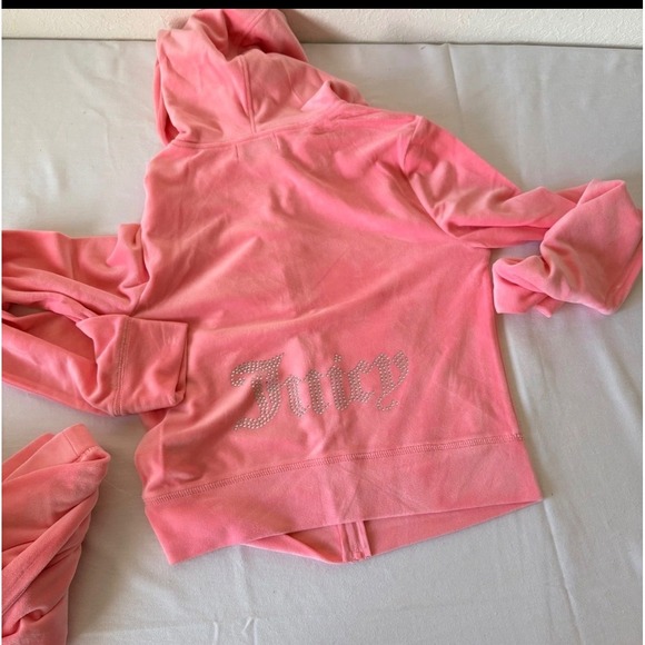 Juicy Couture Velour Tracksuit flamingo Pink Rhinestone Hoodie Pants Set Small - Picture 4 of 10